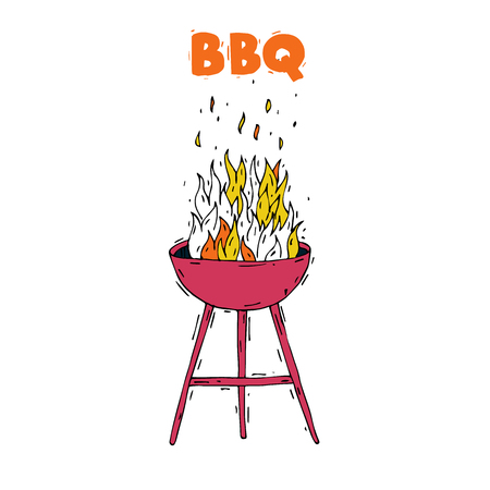 BBQ party grill with fire. Hand-drawn, lino-cut. Lettering. Flat design vector illustration.のイラスト素材