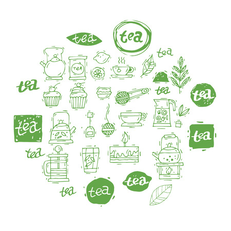 Tea icon set. China. Hand drawn vintage lettering. Sketch. Isolated objects on white background. Vector illustration.のイラスト素材