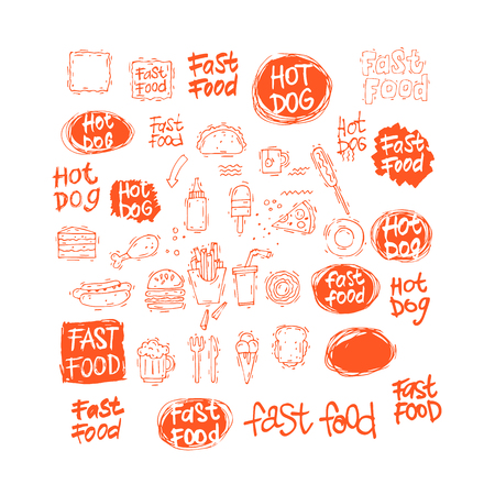 Fast food icon set hot dog, hamburger, pizza slice, ice cream. Fast food menu. Lettering. Hand-drawn illustration. Sketch. Isolated objects on white background. Vector illustration.のイラスト素材