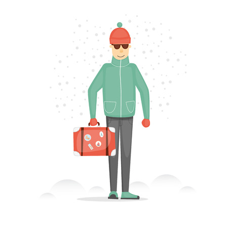 Tourism winter holidays, travel. Character design. Guy with the suitcase on a white background. Trip to Europe. World Travel. Planning winter adventure. Holiday. Flat design vector illustration.のイラスト素材