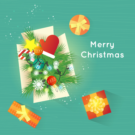 Merry Christmas and Happy New Year. Xmas Poster, banner, printed matter, greeting card. Box with Christmas decorations. Gifts on the floor top view. Flat design vector illustration.のイラスト素材