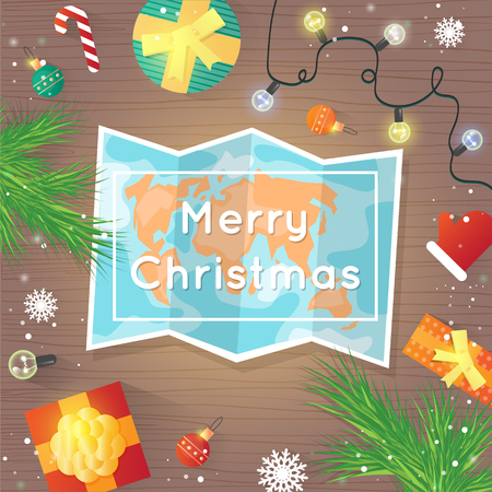 Merry Christmas and Happy New Year. Xmas Poster, banner, printed matter, greeting card. Gifts on the floor top view. Wooden board. Flat design vector illustration.のイラスト素材
