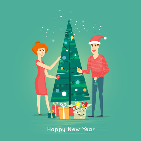 Happy family decorating Christmas tree. Merry Christmas and Happy New Year. Xmas Poster, banner, printed matter, greeting card. Gifts. Flat design vector illustration.のイラスト素材