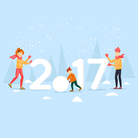 Family on the nature of the snow sculpting. Merry Christmas and Happy New Year. Xmas Poster, banner, printed matter, greeting card. Flat design vector illustration.のイラスト素材