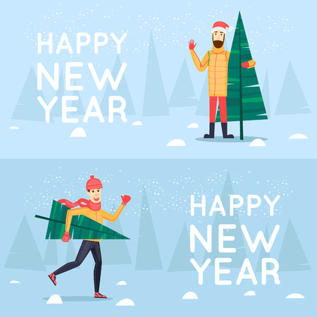 Man with the Christmas fir. Merry Christmas and Happy New Year. Xmas Poster, banner, printed matter, greeting card. Flat design vector illustration.のイラスト素材