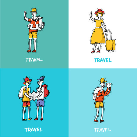 People travel-ling and having a rest. Characters. Hand drawn vintage style. Flat design vector illustration.のイラスト素材