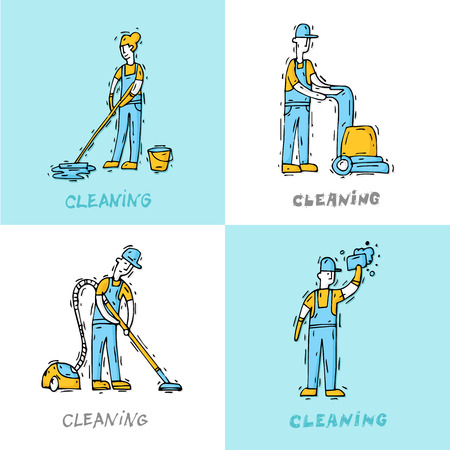 Cleaning staff characters with cleaning equipment. Hand drawn vintage style. Flat design vector illustration.のイラスト素材