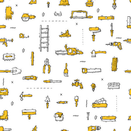Seamless pattern background hand drawn doodle. Construction tools, building, home repair, painting, restoration. Flat design vector illustration.のイラスト素材