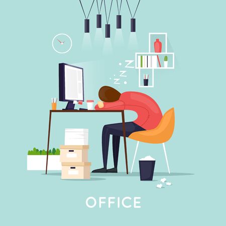 Tired employee sleeping in the office. Flat vector illustration in cartoon style.のイラスト素材