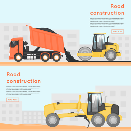 Road repair. Construction machines. Banners. Flat design vector illustrations.のイラスト素材