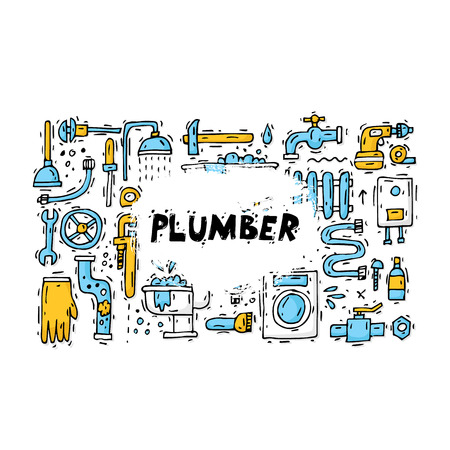 Plumber different tools and accessories. Repairing service. Set of icons. Hand drawn vintage style. Flat design vector illustration.のイラスト素材