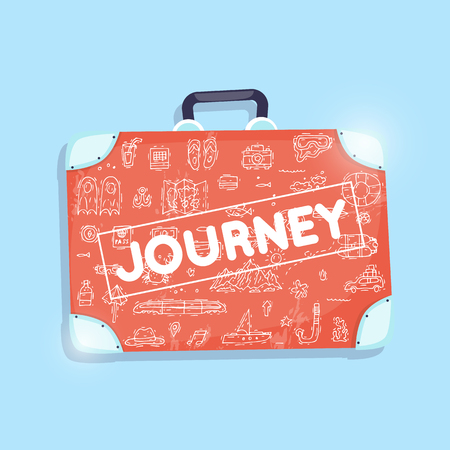 World Travel suitcase. Hand drawn. Planning summer vacations, holiday, journey, set of icons. Tourism and vacation theme. Flat design vector illustration.のイラスト素材