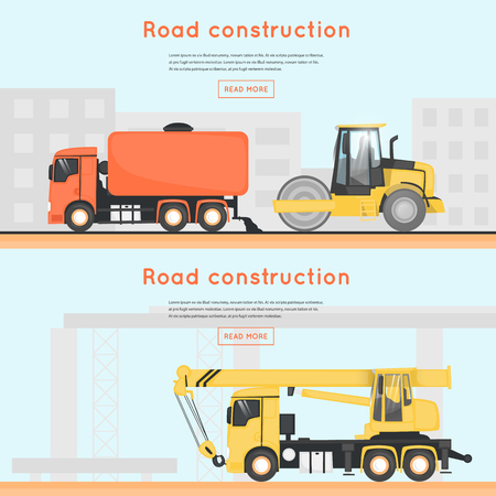 Road repair. Construction machines. Banners. Flat design vector illustrations.のイラスト素材