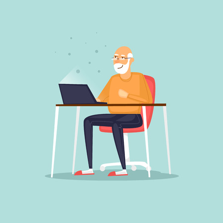 Elderly man is sitting on the Internet. Vector illustration flat style.のイラスト素材