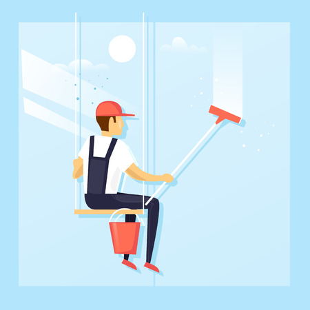Window washer of modern skyscraper. Flat design vector illustration.のイラスト素材