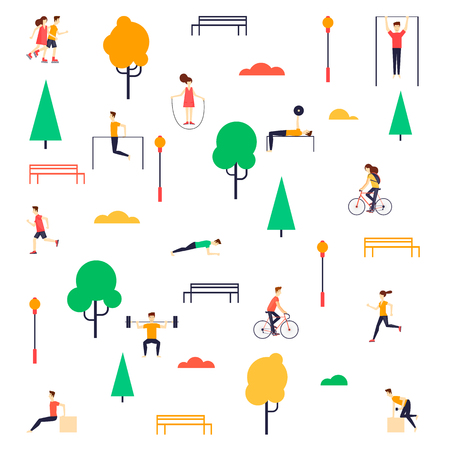 Summer people in the park. Flat design vector illustration.のイラスト素材
