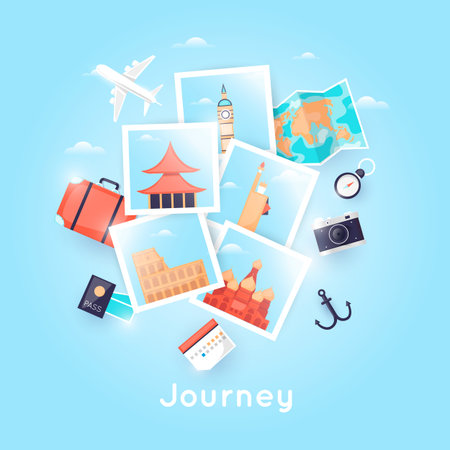 World Travel. Photo. Planning summer vacations. Holiday, journey. Tourism and vacation theme. Poster. Flat design vector illustration.のイラスト素材