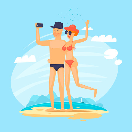 Guy and girl do selfie on the beach. Journey. Flat vector illustration in cartoon style.のイラスト素材