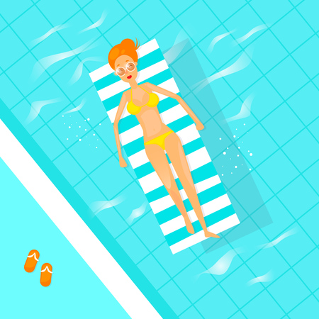 Girl swims in the pool on an inflatable mattress. Flat design vector illustration.のイラスト素材