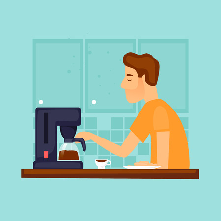 Guy makes coffee in the morning Flat design vector illustration.のイラスト素材