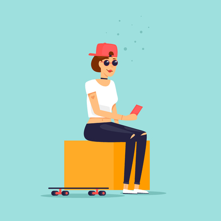 Girl is sitting with a skateboard. Flat design vector illustration.のイラスト素材
