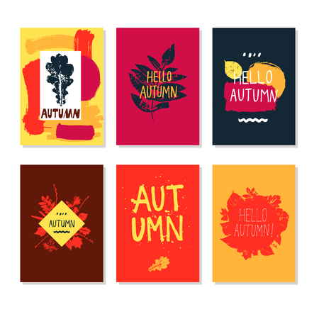 Autumn hand drawn leaves. Fall set. Postcard, invitation, poster. Vector set of six posters.のイラスト素材