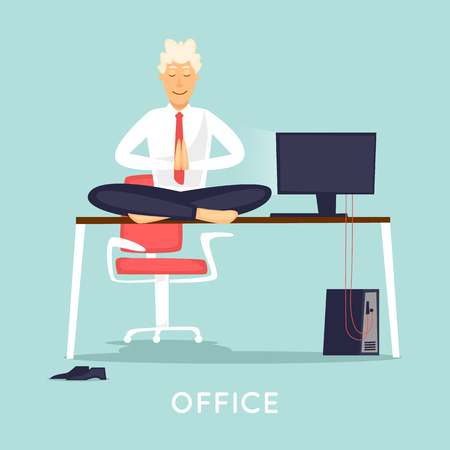 Businessman meditates on the desktop.のイラスト素材