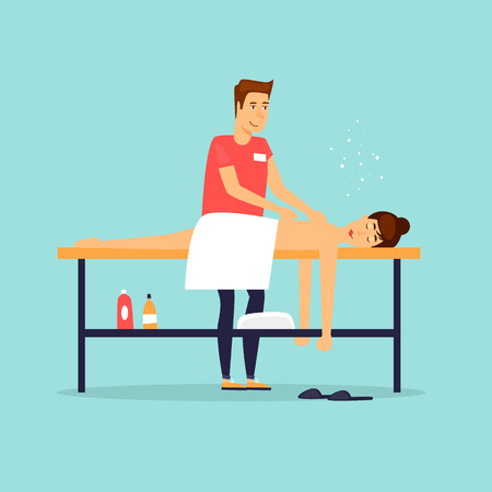 Woman relaxing on massage table. Male masseur. Flat design vector illustration.のイラスト素材