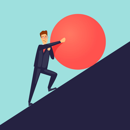 Businessman pushes up a mountain stone. Flat design vector illustration.のイラスト素材