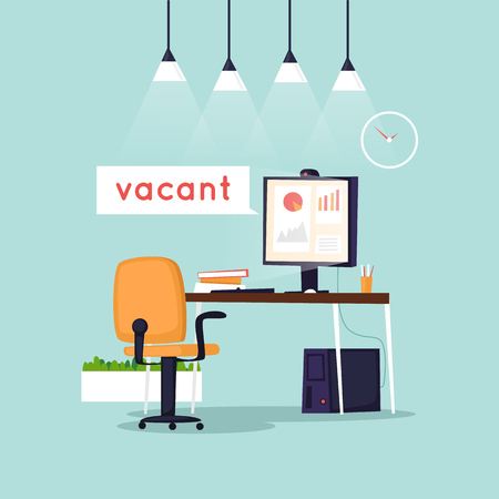 Vacant workplace. Office desk with computer, chair. Interior. Flat design vector illustration.のイラスト素材