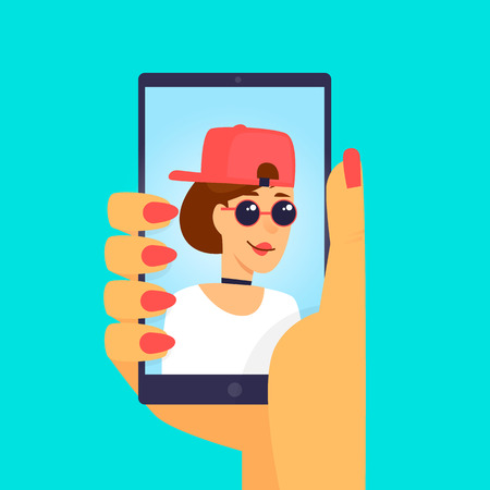 Girl makes selfie. Flat design vector illustration.のイラスト素材