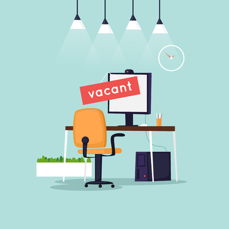 Vacant workplace. Office desk with computer, chair. Interior. Flat design vector illustration.のイラスト素材