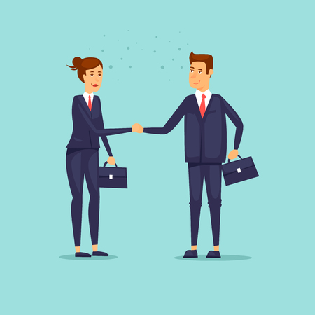 Businessmen shaking hands. Woman and a man. Flat design vector illustration.