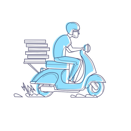Delivery, the guy on the moped is carrying pizza thin line. Characters. Flat design vector illustration.のイラスト素材