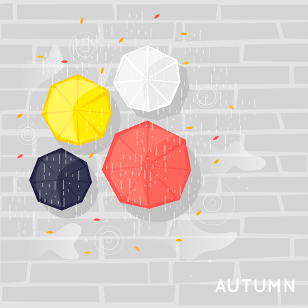 Autumn, umbrellas it rains, overhead view. Flat vector illustration.のイラスト素材