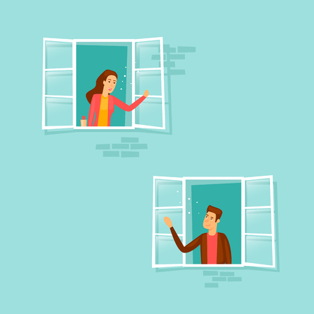 Communication. Guy and the girl are talking from the windows. Flat design vector illustration.のイラスト素材