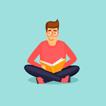 Guy is reading a book. Flat design vector illustration.のイラスト素材