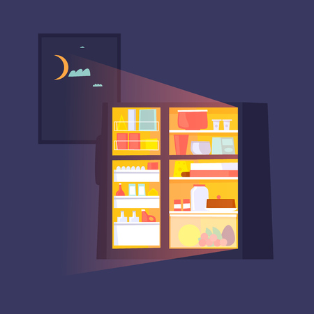 Fridge with food at night. Flat design vector illustration.のイラスト素材