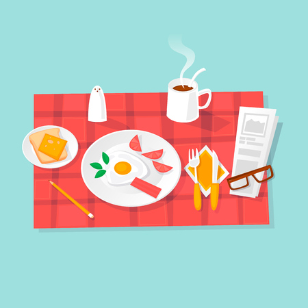 Breakfast. Fried eggs, coffee, salt, toast. Flat design vector illustration.のイラスト素材