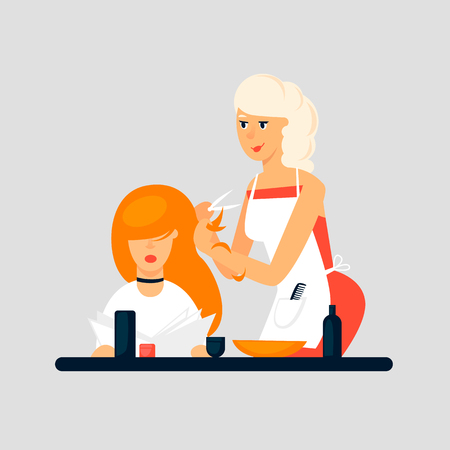 Hairdresser, girl shears a client. Flat design vector illustration.のイラスト素材