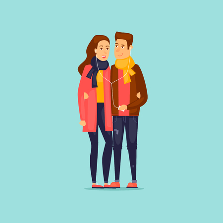 Guy and girl listening to music on headphones. Flat design illustration.のイラスト素材