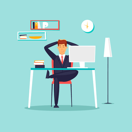 Happy businessman working in the office at the computer, workplace, interior. Flat design vector illustration.のイラスト素材