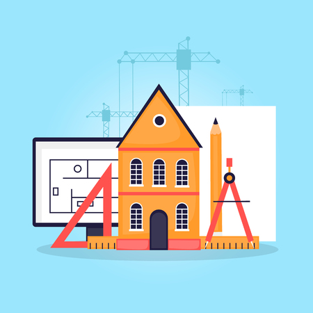Architect, tools. Project design. Workplace. Flat design vector illustration.のイラスト素材