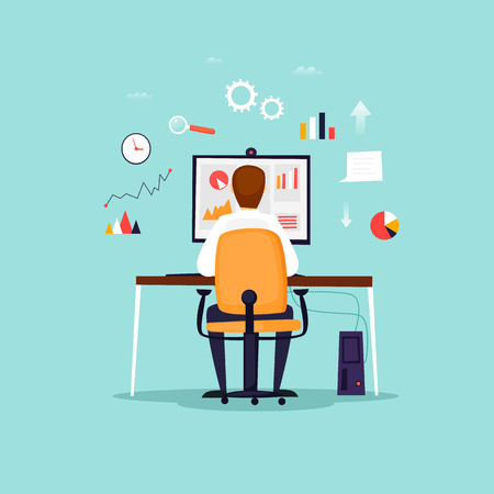 Data analysis, businessman working at computer, office, workplace. Flat design vector illustration.のイラスト素材