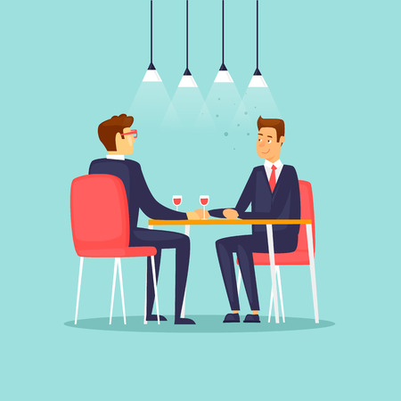 Business meeting in the restaurant. Flat design vector illustration.