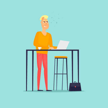 Young man working on the computer programmer, business analysis, design, strategy. Flat vector illustration in cartoon style.のイラスト素材