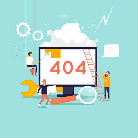 Error 404 page. Builders, repair, crane, site. Flat vector illustration in cartoon style.