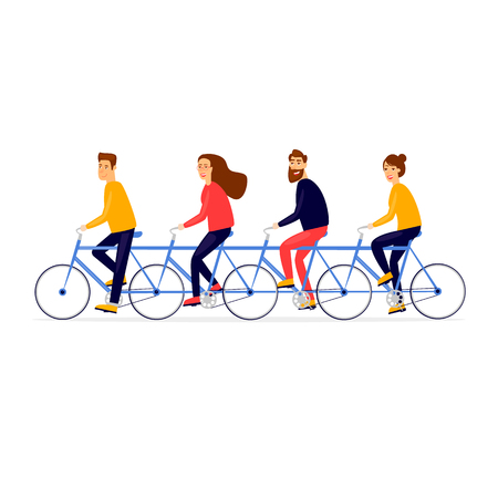 Teamwork business people traveling by bicycle. Flat vector illustration in cartoon style.のイラスト素材