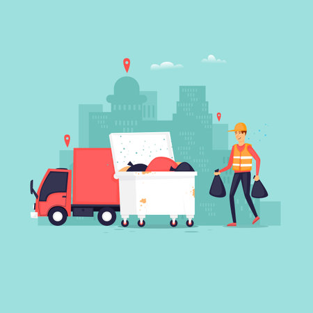 Garbage collection in the city, truck container with garbage scavenger. Flat vector illustration in cartoon style.のイラスト素材