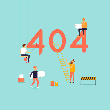 Error 404 page. Builders, repair, crane, site. Flat vector illustration in cartoon style.